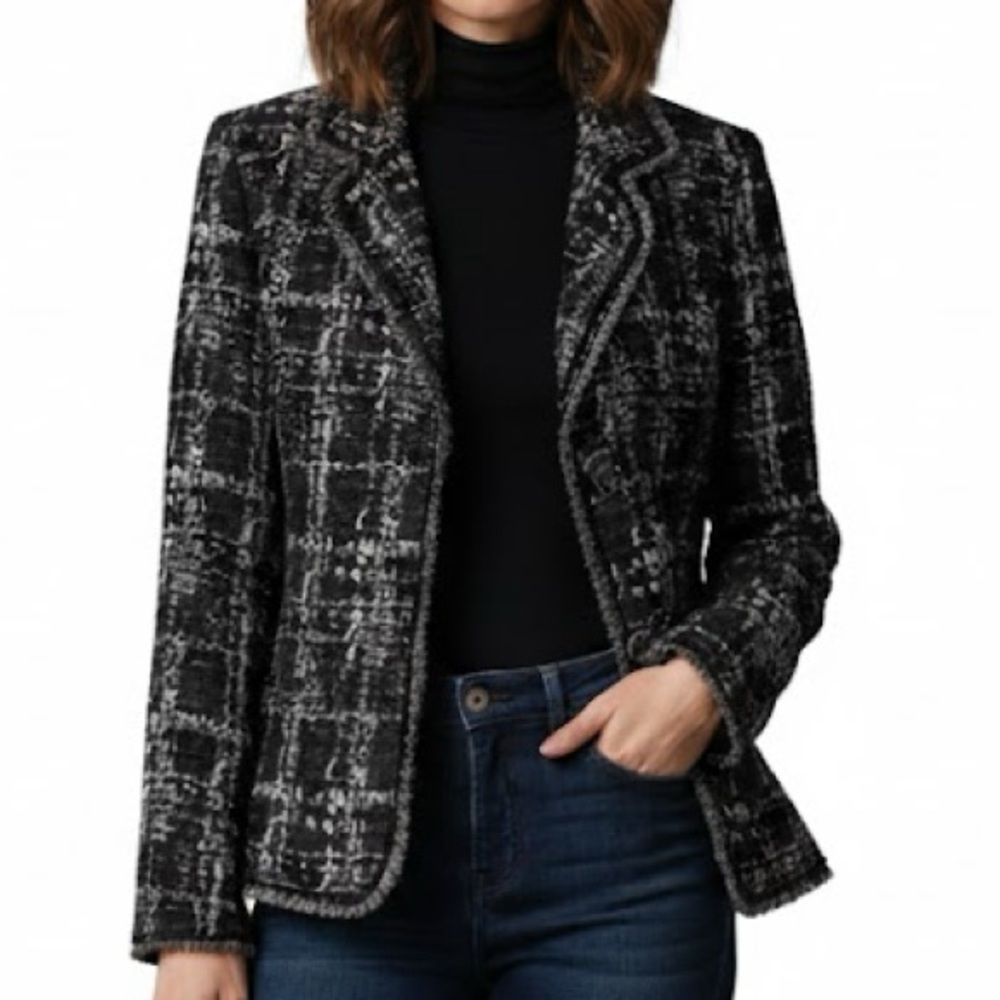 Chico’s TWEED BOUCLE Plaid fringe blazer jacket TARTAN